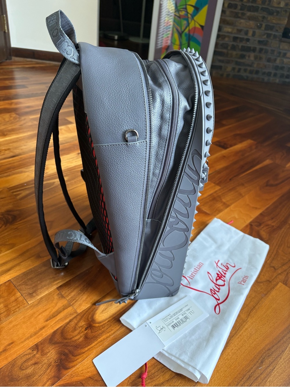 Christian Louboutin Back Paris Gray Leather Spike-Trim Backpack, NEW - Picture 3 of 17